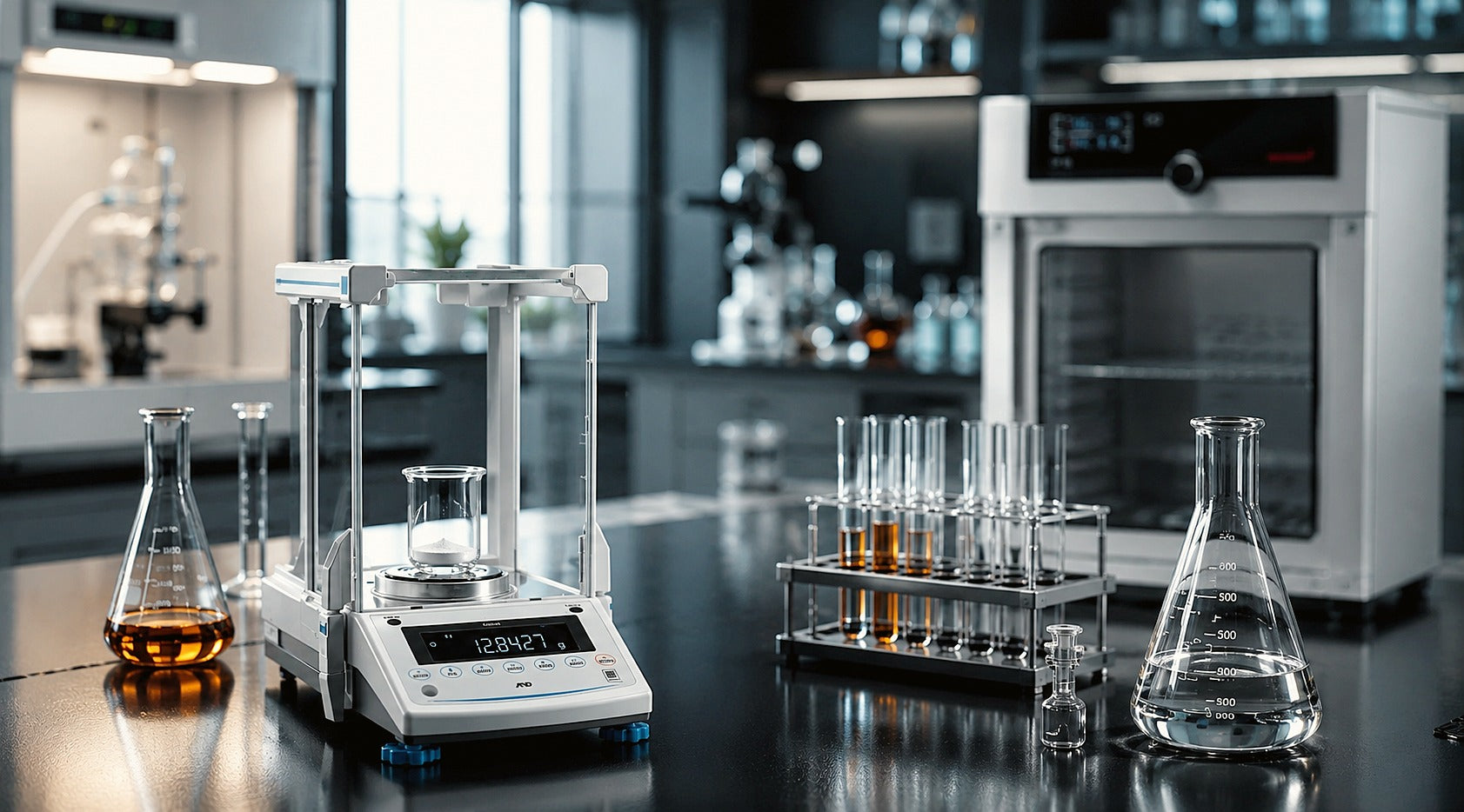 Analysenwaage mit Erlenmeyerkolben und Reagenzgläsern im Labor – LabStore

