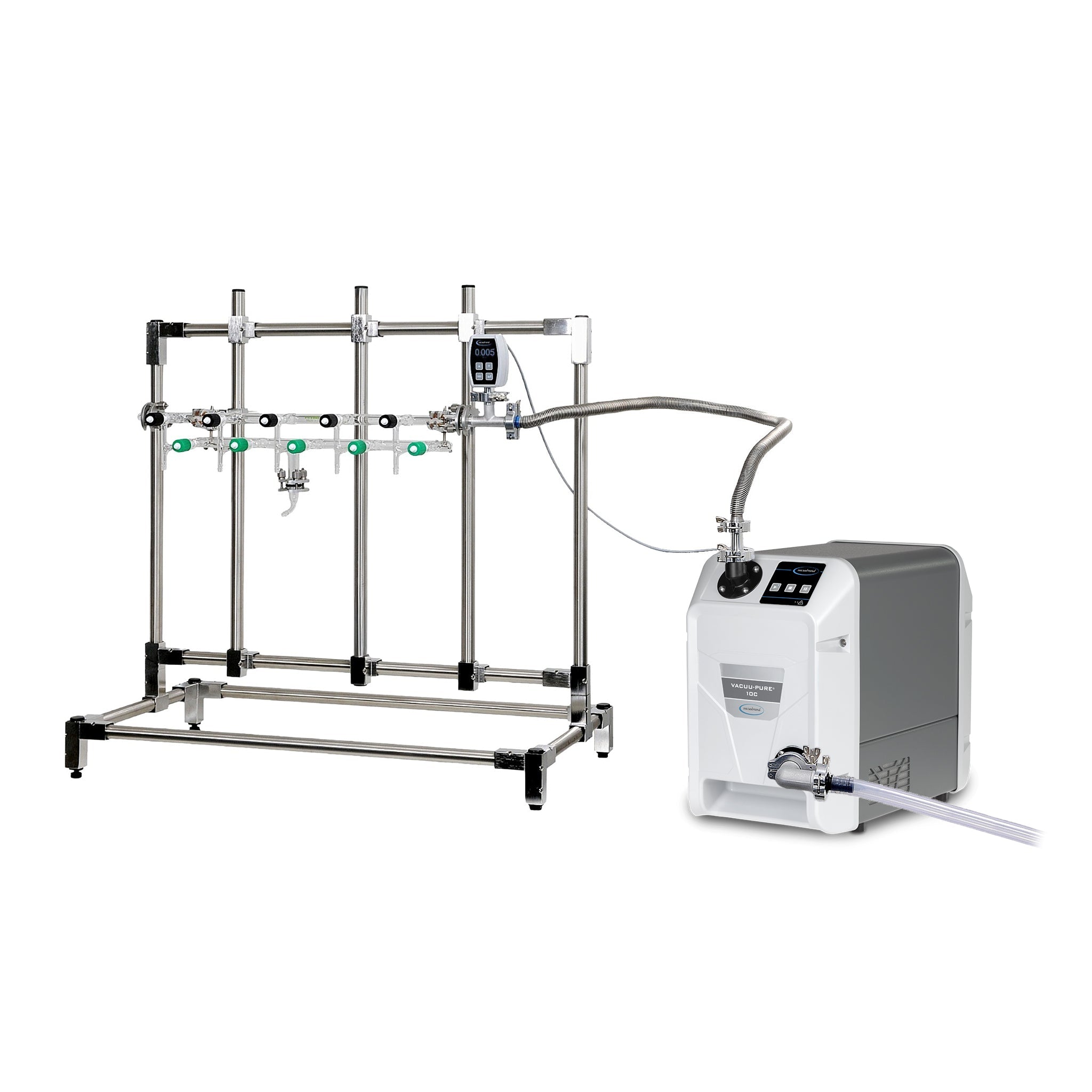 Schlenkline mit 5 Zweiwege - HV - Ventilen und VACUU·PURE 10C Schraubenpumpe - LabStore | Gebr. Rettberg GmbH